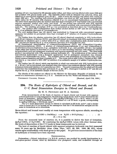 394. The heats of hydrolysis of chloral and bromal, and the C—C bond dissociation energies in chloral and bromal