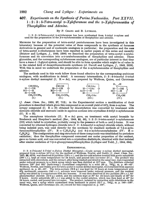 407. Experiments on the synthesis of purine nucleosides. Part XXVII. 1 : 2 : 3 : 5-Tetra-acetyl D-xylofuranose and the D-xylofuranosides of theophylline and adenine