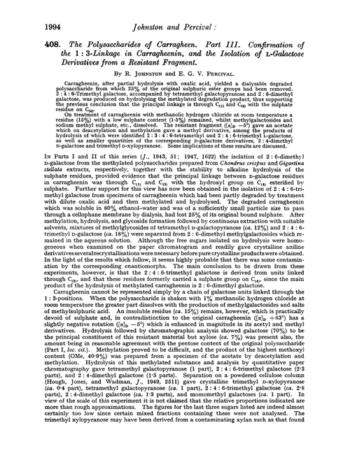 408. The polysaccharides of carragheen. Part III. Confirmation of the 1 : 3-linkage in carragheenin, and the isolation of L-galactose derivatives from a resistant fragment