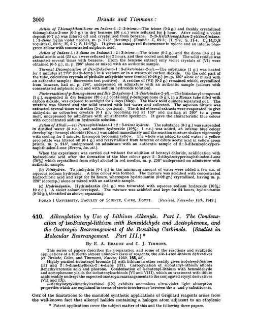 410. Alkenylation by use of lithium alkenyls. Part I. The condensation of isobutenyl-lithium with benzaldehyde and acetophenone, and the oxotropic rearrangement of the resulting carbinols. (Studies in molecular rearrangement. Part III.)