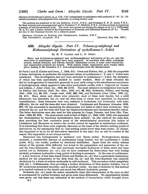 433. Alicyclic glycols. Part IV. Toluene-p-sulphonyl and methanesulphonyl derivatives of cyclohexane-1 : 3-diol