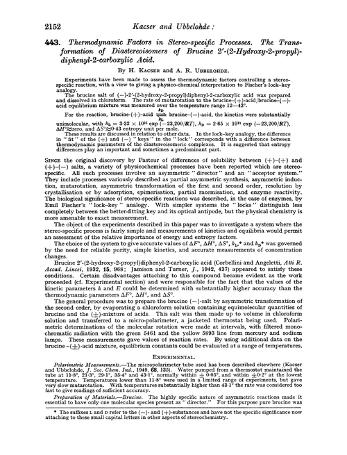 443. Thermodynamic factors in stereo-specific processes. The transformation of diastereoisomers of brucine 2′-(2-hydroxy-2-propyl)-diphenyl-2-carboxylic acid
