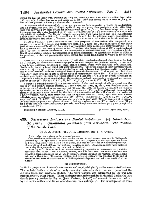 458. Unsaturated lactones and related substances . (a) Introduction . (b) Part I. Unsaturated γ-lactones from keto-acids. The position of the double bond
