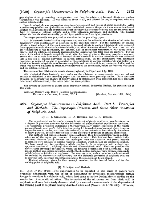 497. Cryoscopic measurements in sulphuric acid. Part I. Principles and methods. The cryoscopic constant and some other constants of sulphuric acid