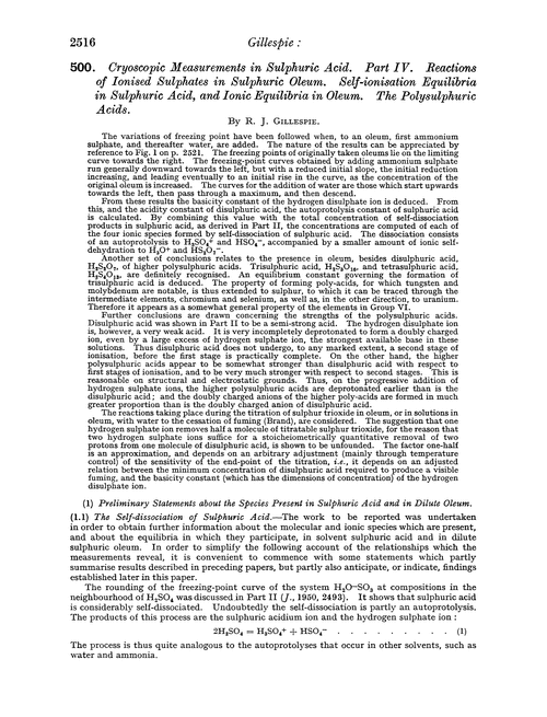 500. Cryoscopic measurements in sulphuric acid. Part IV. Reactions of ionised sulphates in sulphuric oleum. Self-ionisation equilibria in sulphuric acid, and ionic equilibria in oleum. The polysulphuric acids