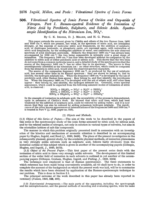 506. Vibrational spectra of ionic forms of oxides and oxy-acids of nitrogen. Part I. Raman-spectral evidence of the ionisation of nitric acid by perchloric, sulphuric, and selenic acids. Spectroscopic identification of the nitronium ion, NO2+