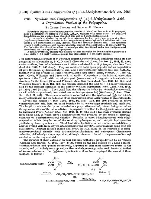 515. Synthesis and configuration of (+)-6-methyloctanoic acid, a degradation product of the polymyxins