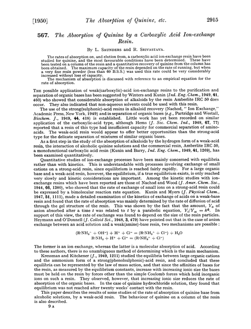567. The absorption of quinine by a carboxylic acid ion-exchange resin
