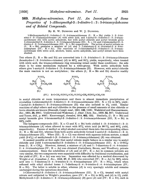 569. Methylene-nitramines. Part II. An investigation of some properties of 1-alkoxymethyl-3 : 5-dinitro-1 : 3 : 5-triazacyclohexane and of related compounds