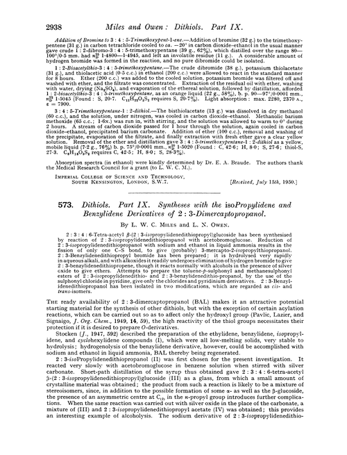 573. Dithiols. Part IX. Syntheses with the isopropylidene and benzylidene derivatives of 2 : 3-dimercaptopropanol