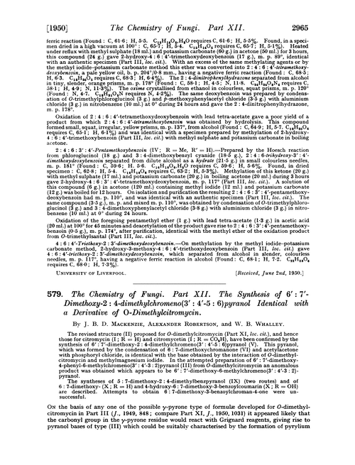 579. The chemistry of fungi. Part XII. The synthesis of 6′ : 7′-dimethoxy-2 : 4-dimethylchromeno(3′ : 4′-5 : 6)pyranol identical with a derivative of O-dimethylcitromycin