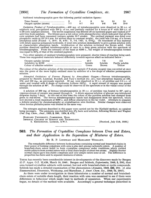 583. The formation of crystalline complexes between urea and esters, and their application to the separation of mixtures of esters
