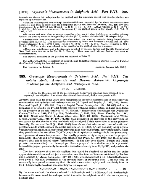 585. Cryoscopic measurements in sulphuric acid. Part VIII. The solutes acetic anhydride and benzoic anhydride. Cryoscopic evidence for the acetylium and benzoylium ions