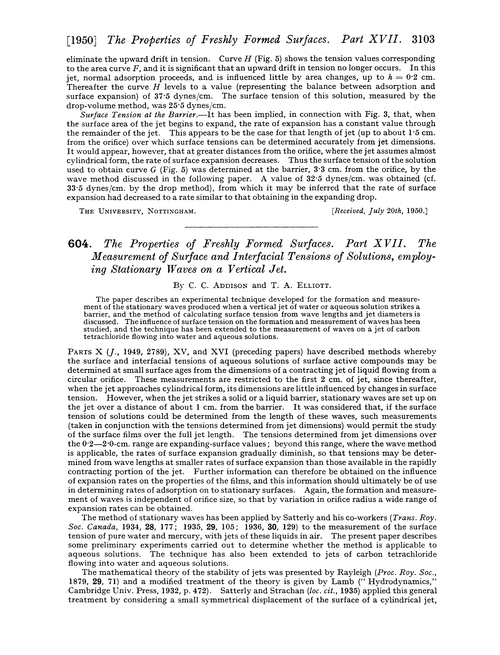 604. The properties of freshly formed surfaces. Part XVII. The measurement of surface and interfacial tensions of solutions, employing stationary waves on a vertical jet