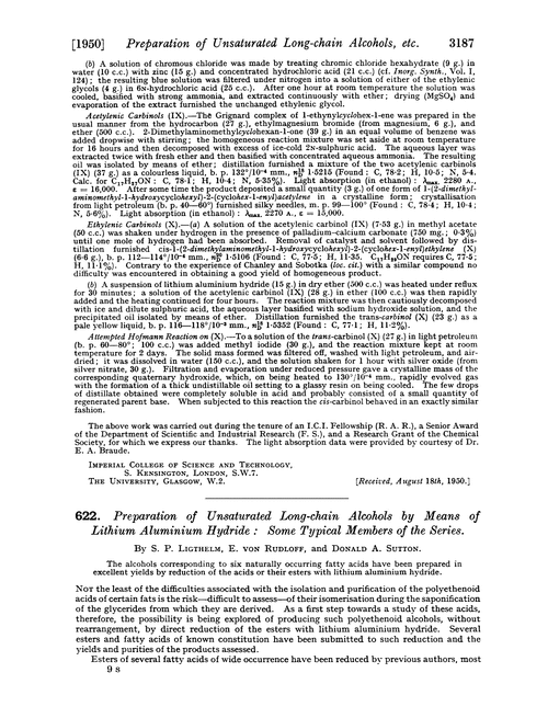 622. Preparation of unsaturated long-chain alcohols by means of lithium aluminium hydride: some typical members of the series