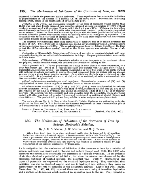630. The mechanism of inhibition of the corrosion of iron by sodium hydroxide solution