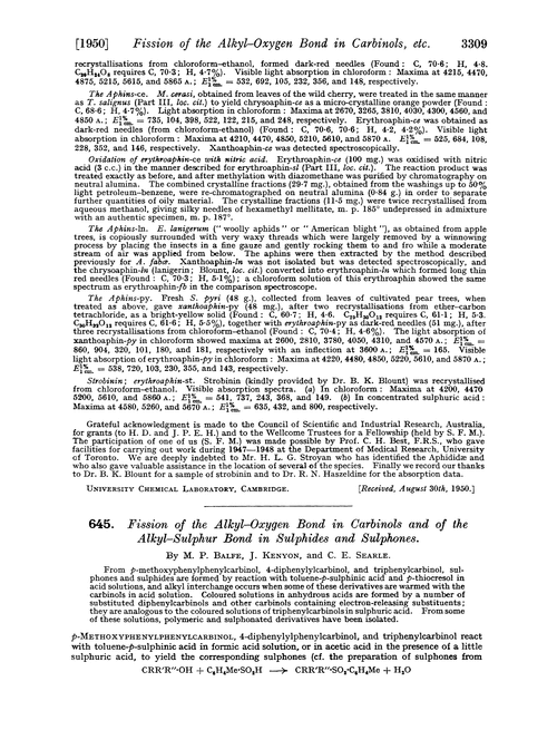 645. Fission of the alkyl–oxygen bond in carbinols and of the alkyl–sulphur bond in sulphides and sulphones