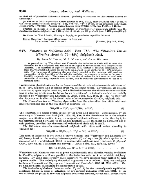 647. Nitration in sulphuric acid. Part VII. The nitronium ion as nitrating agent in 75–85% sulphuric acid