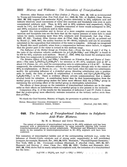 648. The ionisation of triarylcarbinol indicators in sulphuric acid–water mixtures