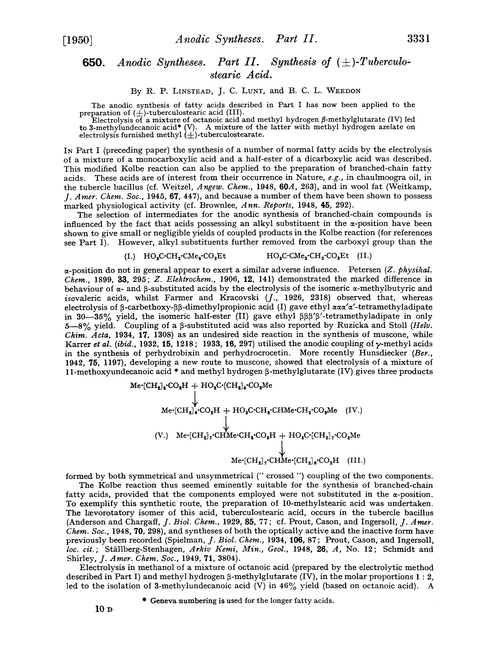 650. Anodic syntheses. Part II. Synthesis of (±)-tuberculostearic acid