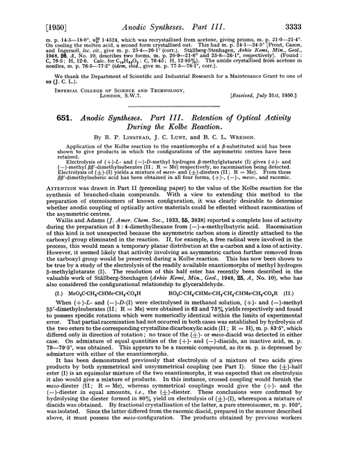 651. Anodic syntheses. Part III. Retention of optical activity during the Kolbe reaction
