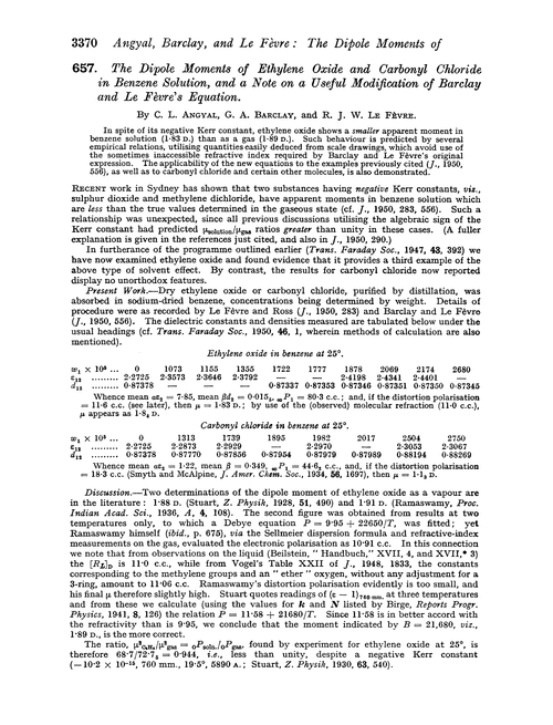 657. The dipole moments of ethylene oxide and carbonyl chloride in benzene solution, and a note on a useful modification of barclay and Le Fèvre's equation