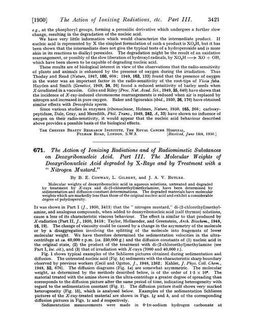 671. The action of ionizing radiations and of radiomimetic substances on deoxyribonucleic acid. Part III. The molecular weights of deoxyribonucleic acid degraded by X-rays and by treatment with a “nitrogen mustard.”