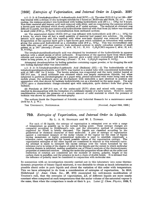 710. Entropies of vaporization, and internal order in liquids