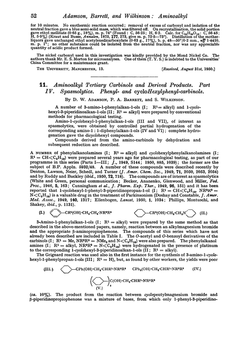 11. Aminoalkyl tertiary carbinols and derived products. Part IV. Spasmolytics. Phenyl- and cyclohexylphenyl-carbinols