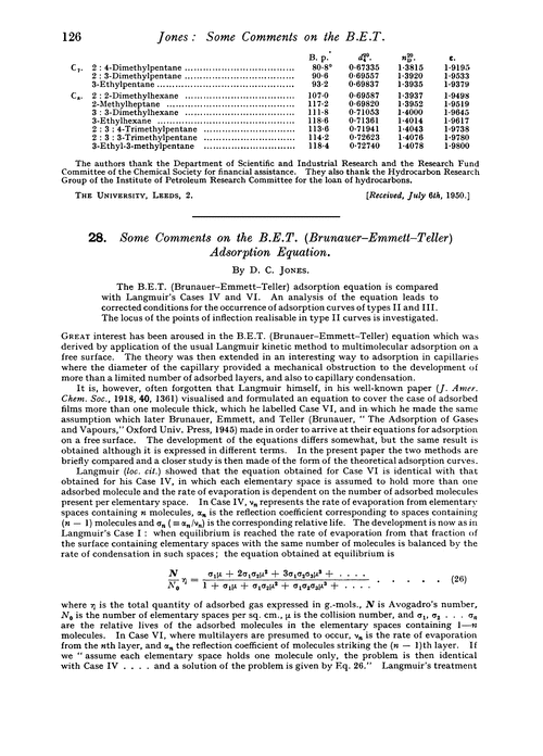 28. Some comments on the B.E.T. (Brunauer–Emmett–Teller) adsorption equation
