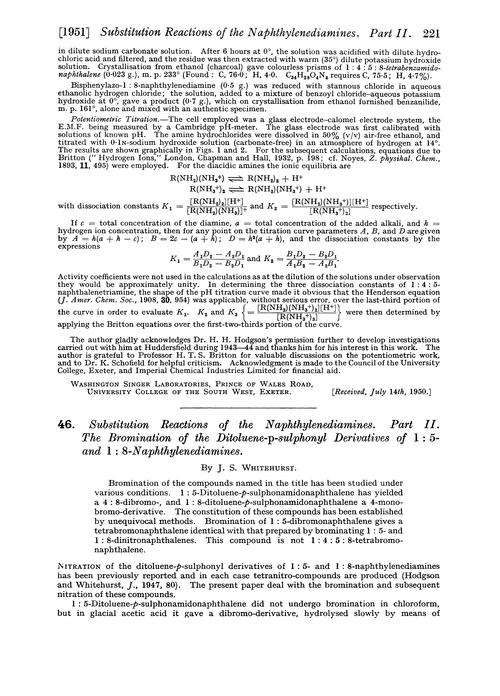 46. Substitution reactions of the naphthylenediamines. Part II. The bromination of the ditoluene-p-sulphonyl derivatives of 1 : 5- and 1 : 8-naphthylenediamines