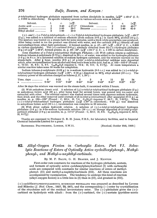 82. Alkyl–oxygen fission in carboxylic esters. Part VI. Solvolytic reactions of esters of optically active cyclohexylphenyl-, methylphenyl-, and methyl-α-naphthyl-carbinols