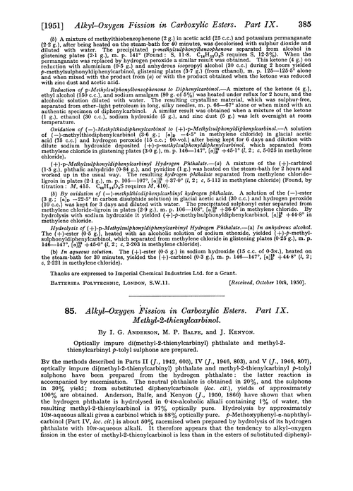 85. Alkyl–oxygen fission in carboxylic esters. Part IX. Methyl-2-thienylcarbinol
