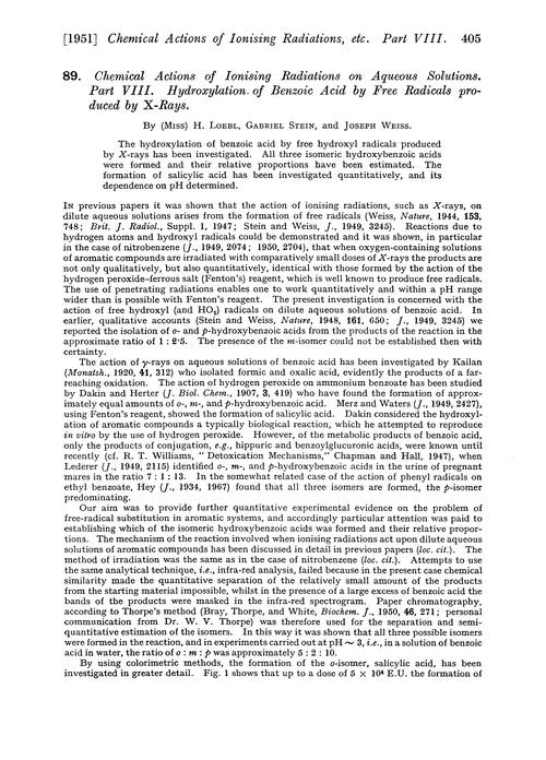 89. Chemical actions of ionising radiations on aqueous solutions. Part VIII. Hydroxylation of benzoic acid by free radicals produced by X-rays