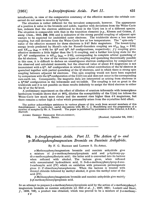 94. β-Aroylpropionic acids. Part II. The action of o- and p-methoxyphenylmagnesium bromide on succinic anhydride