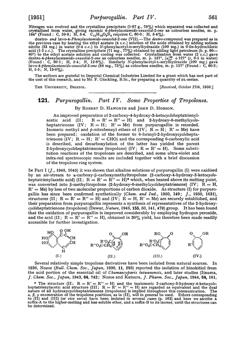 121. Purpurogallin. Part IV. Some properties of tropolones