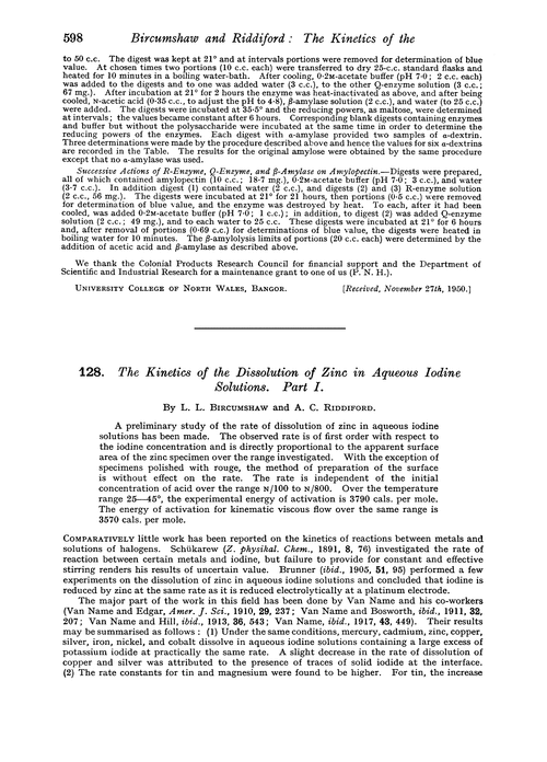 128. The kinetics of the dissolution of zinc in aqueous iodine solutions. Part I