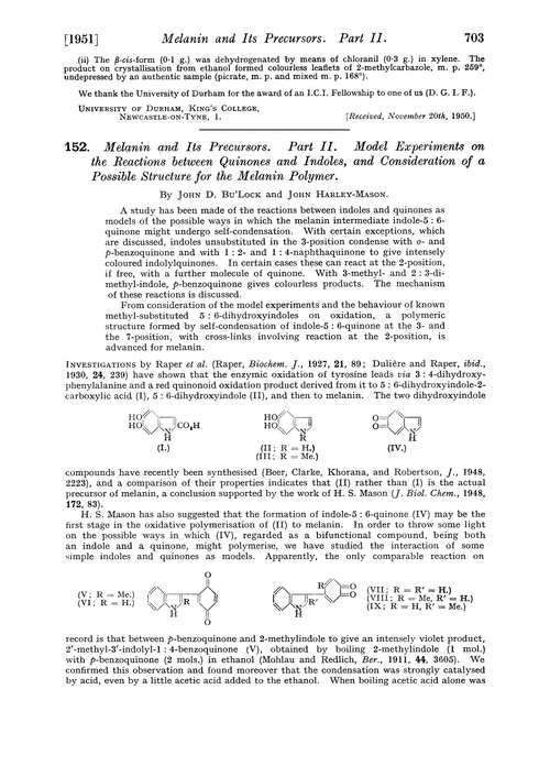 152. Melanin and its precursors. Part II. Model experiments on the reactions between quinones and indoles, and consideration of a possible structure for the melanin polymer