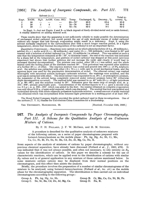 167. The analysis of inorganic compounds by paper chromatography. Part. III. A scheme for the qualitative analysis of an unknown mixture of cations