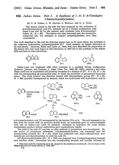 192. Indene series. Part I. A synthesis of 1 : 2 : 3 : 8-tetrahydro-1-ketocyclopent[a]indene