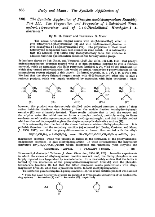198. The synthetic application of phenylarsinebis(magnesium bromide). Part III. The preparation and properties of 4-substituted tetrahydro-1 : 4-oxarsines and of 1 : 4-disubstituted hexahydro-1 : 4-azarsines
