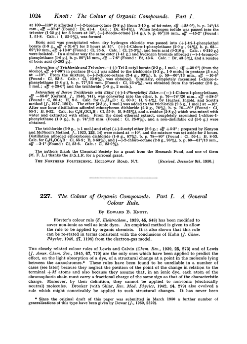227. The colour of organic compounds. Part I. A general colour rule