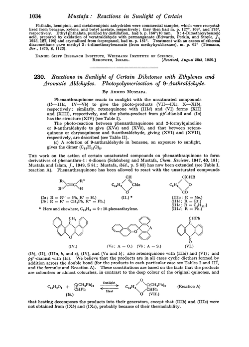 230. Reactions in sunlight of certain diketones with ethylenes and aromatic aldehydes. Photopolymerisation of 9-anthraldehyde