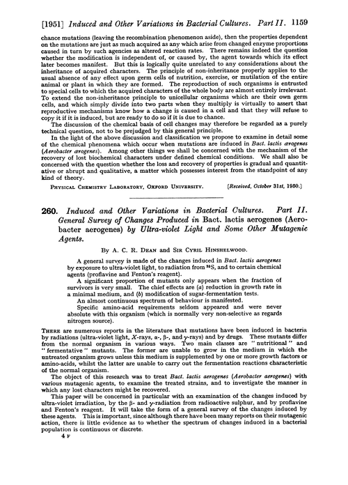 260. Induced and other variations in bacterial cultures. Part II. General survey of changes produced in Bact. lactis aerogenes (aerobacter aerogenes) by ultra-violet light and some other mutagenic agents