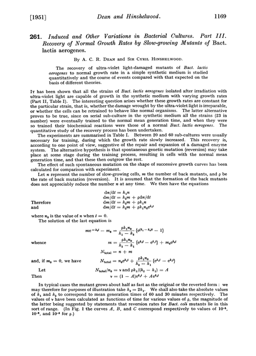 261. Induced and other variations in bacterial cultures. Part III. Recovery of normal growth rates by slow-growing mutants of Bact. lactis aerogenes