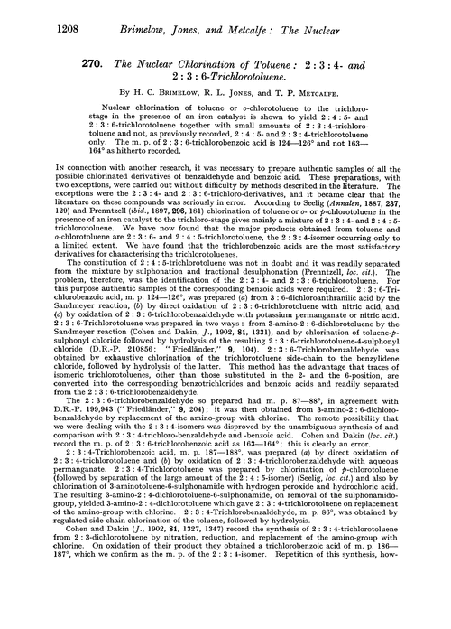 270. The nuclear chlorination of toluene: 2 : 3 : 4- and 2 : 3 : 6-trichlorotoluene