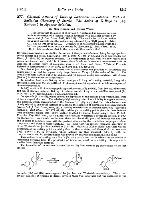 277. Chemical actions of ionising radiations in solution. Part IX. Radiation chemistry of sterols. The action of X-rays on (+)-œstrone-b in aqueous solution