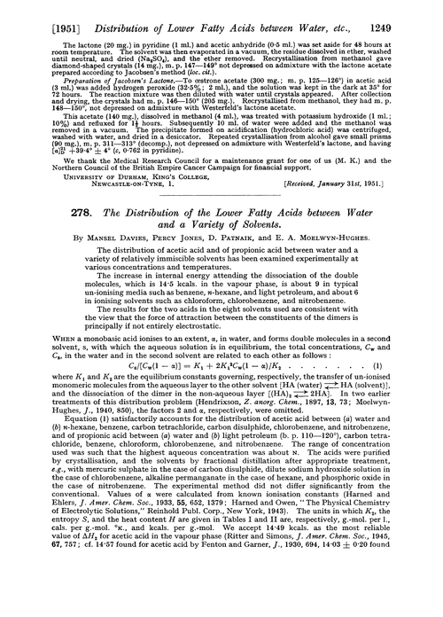 278. The distribution of the lower fatty acids between water and a variety of solvents
