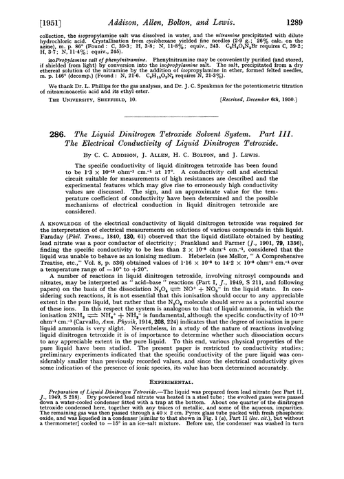 286. The liquid dinitrogen tetroxide solvent system. Part III. The electrical conductivity of liquid dinitrogen tetroxide