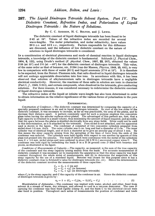 287. The liquid dinitrogen tetroxide solvent system. Part IV. The dielectric constant, refractive index, and polarisation of liquid dinitrogen tetroxide: the nature of solutions